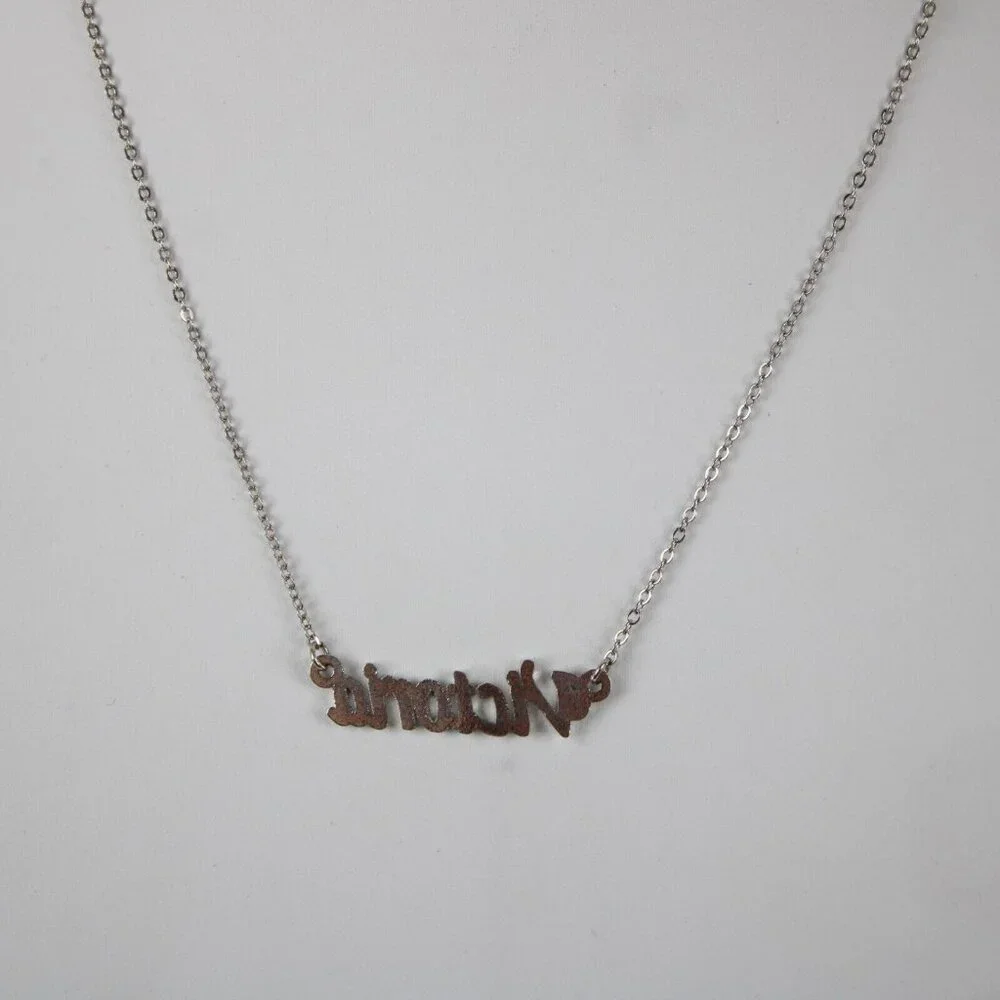 VICTORIA Name Silvertone Rhinestone 14.5" w 4.5" Multi Ring Ext Necklace - Picture 4 of 12